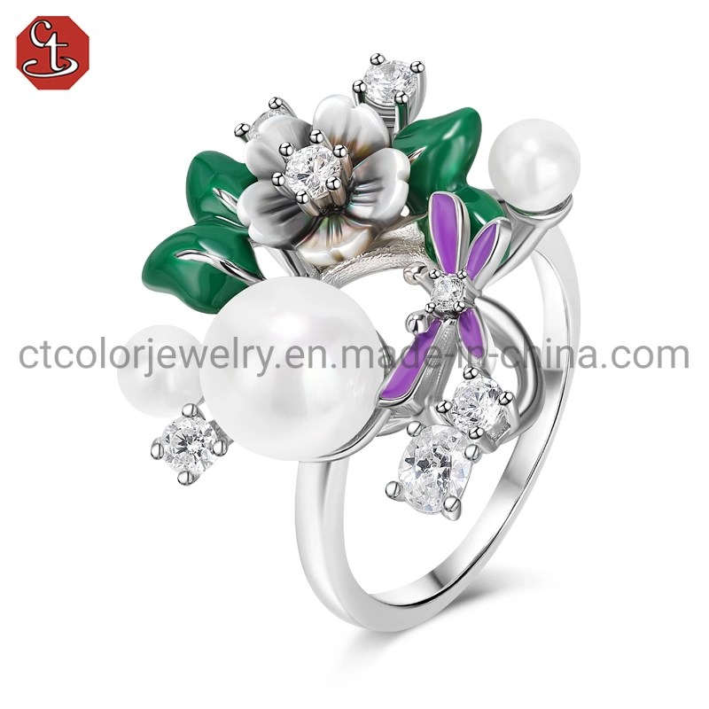 925 Sterling Silver Fine Jewelry Mop Enamel Flower Rings Fashion Jewelry